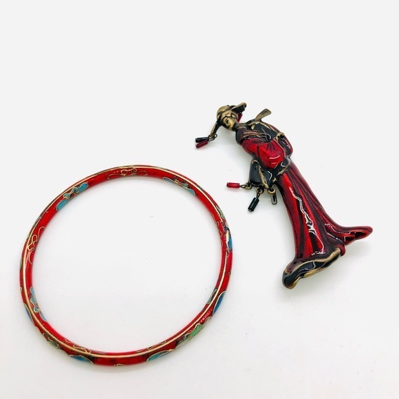 Vintage Red Asian Geisha Brooch & Bangle Bracelet - Picture 9 of 11